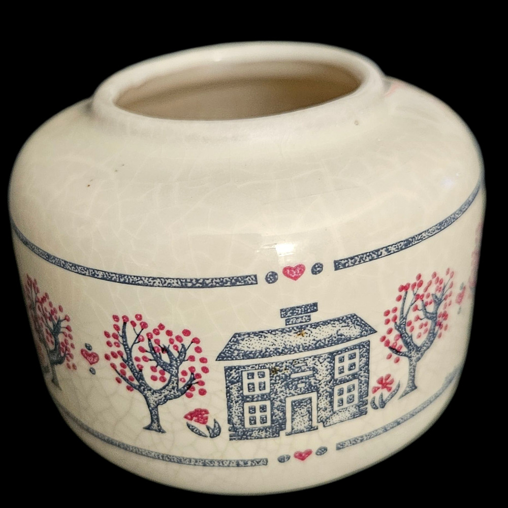 Vintage Folk Art Pottery Jar Cream Blue Red Houses Trees Hearts Americana